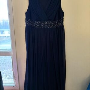 R&M Richards Navy Beaded V-Neck Maxi Evening Gown